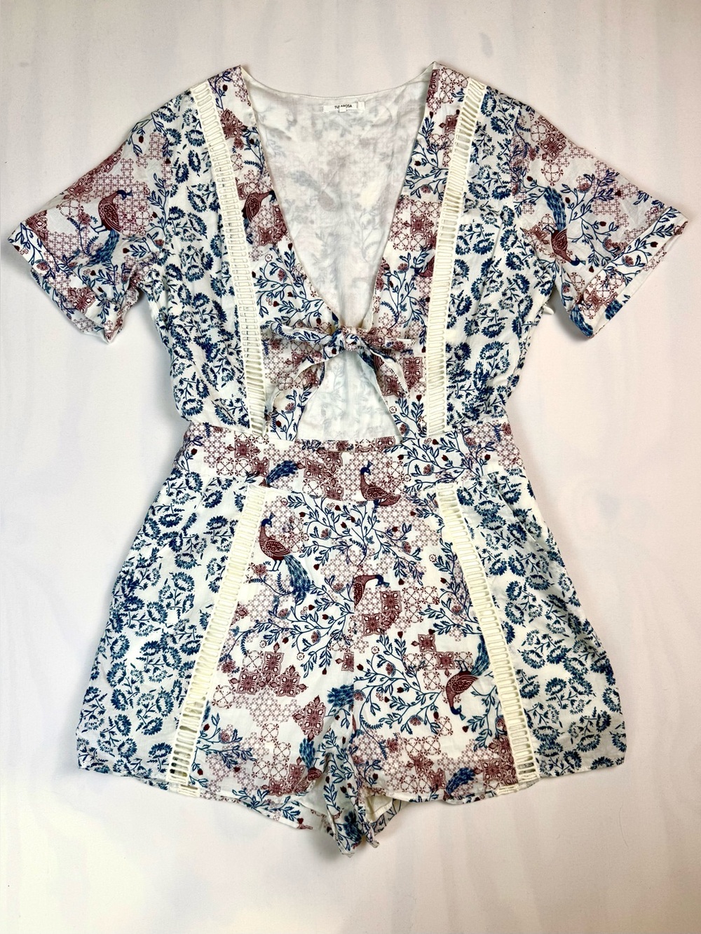 Tularosa Rowley Peacock Floral Tie Front Cutout Romper Small 100% Cotton Pockets